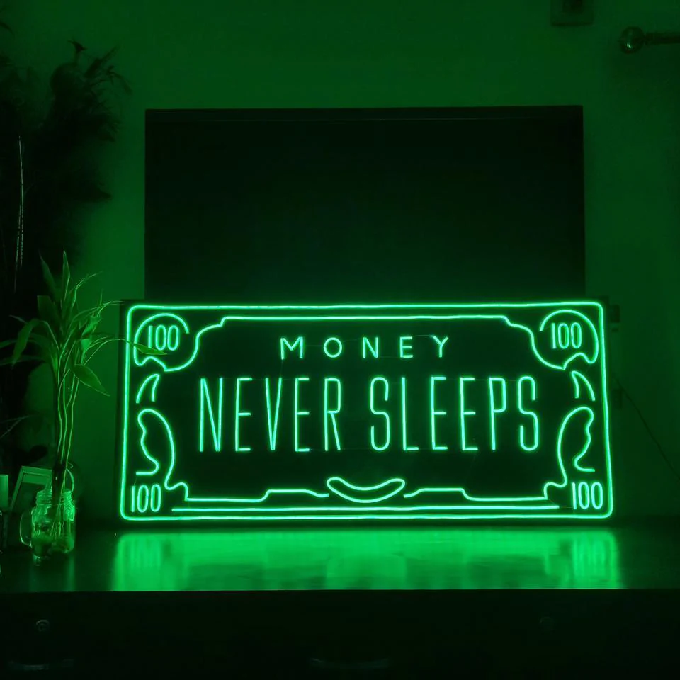 Money Never Sleeps neon Sign – The Gift Baskett